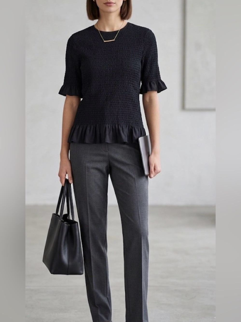 Madeline shirted Black Smocked Ruffle Sleeve Blouse sz 16 formal‎ professional
